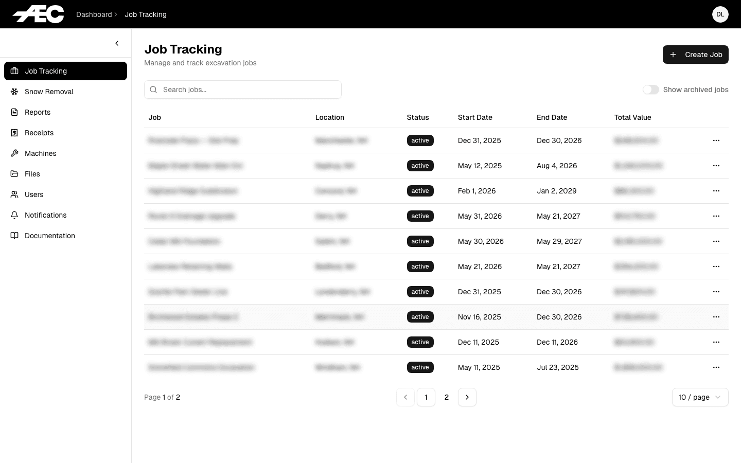 American Excavating job tracking dashboard (data redacted)
